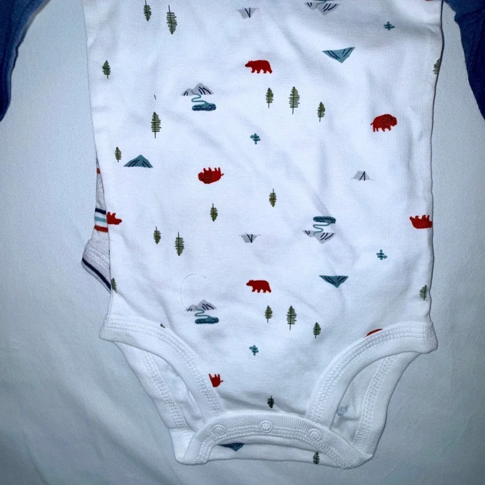 Carter's Bodysuit Set Kids 9M Blue White NEW 3-Pack Long Sleeve Bear‎ Outdoor